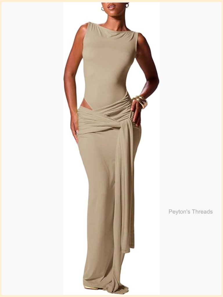 Women's Knot Front Ruched Maxi Dress Boat Neck Sleeveless Cut Out
